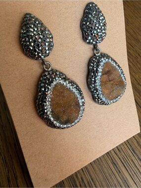 Vintage 925 Sterling Silver Druzy Agate Drop Dangle Statement Earrings
